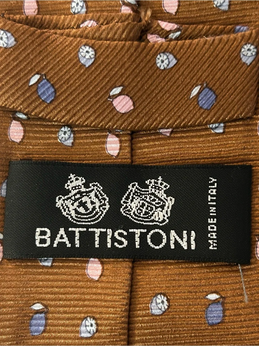 Battistoni Silk Brown Tie Handmade In Italy 100% Silk EUC Geometric Design EUC